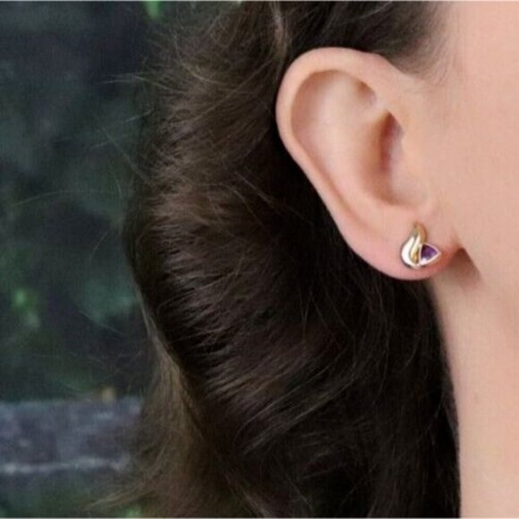 14k Yellow Gold Amethyst Earrings Stud Post - Picture 2 of 8